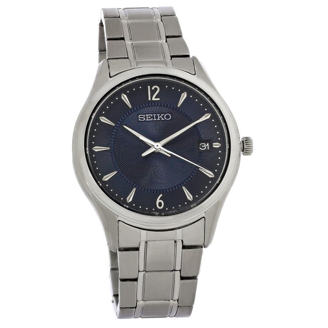 Seiko Essentials Mens Stainless Steel Blue Dial Quartz Watch SUR419 - Face: Blue, Dial: Blue, Band: Silver