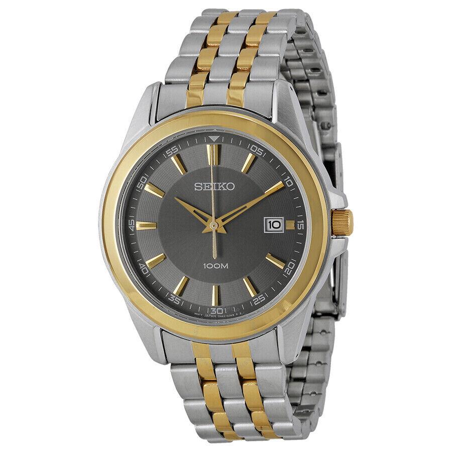 Seiko SGEG90 Men`s Watch 42mm Two-tone Steel Bracelet Japanese Quartz Wristwatch - Dial: Gray, Band: Silver, Gold, Bezel: Gold