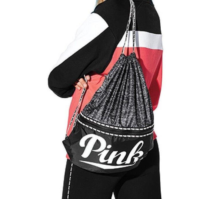 Victoria`s Secret Pink Grey Marl Drawstring Backpack Bag Tote Duffle Gym Logo