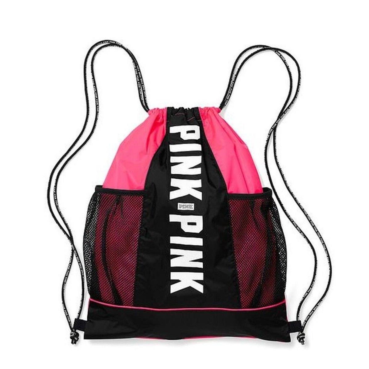 Victoria`s Secret Pink Hot Pink Drawstring Backpack Bag Tote Duffle Gym Logo