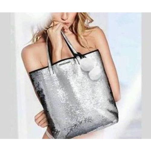 Sexy Victorias Secret Silver Pom Pom Sequins Bling Tote Bag Purse Shopper