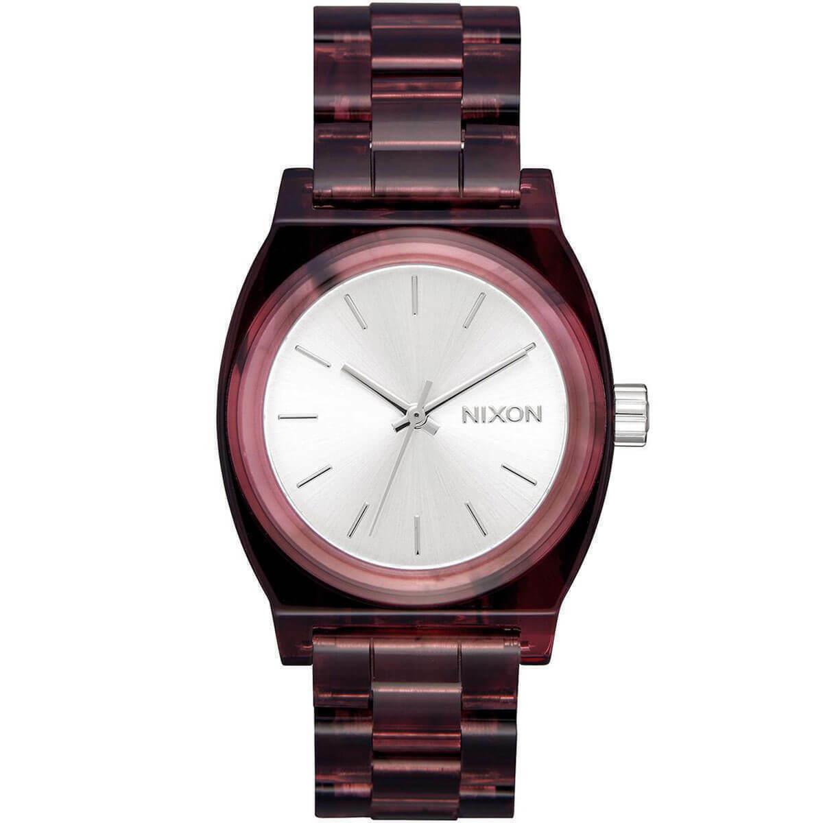 Nixon Medium Time Teller Womens 31mm Silver Dial Red Plastic Band A1214-200 - Dial: Silver, Band: Multicolor, Red, Bezel: Red