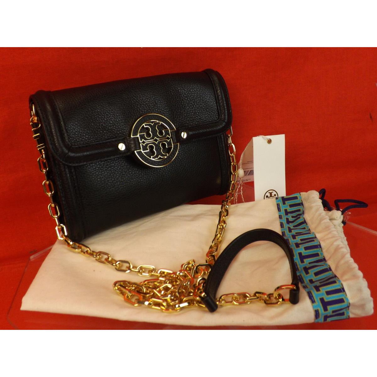 Tory Burch Amanda Black Leather Reva Chain Wallet Crossbody Clutch Bag