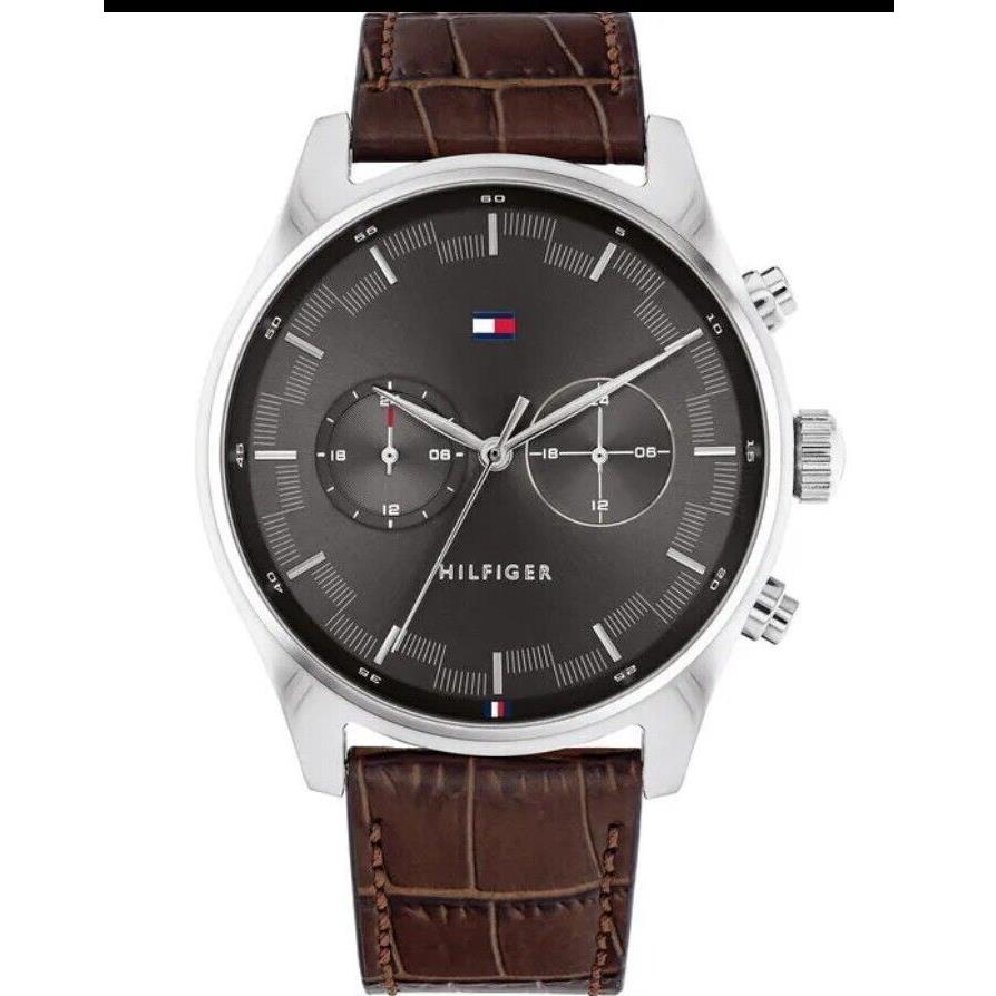 Tommy Hilfiger Men`s Gray Multi Dial Brown Leather Strap 44mm Watch 1710422