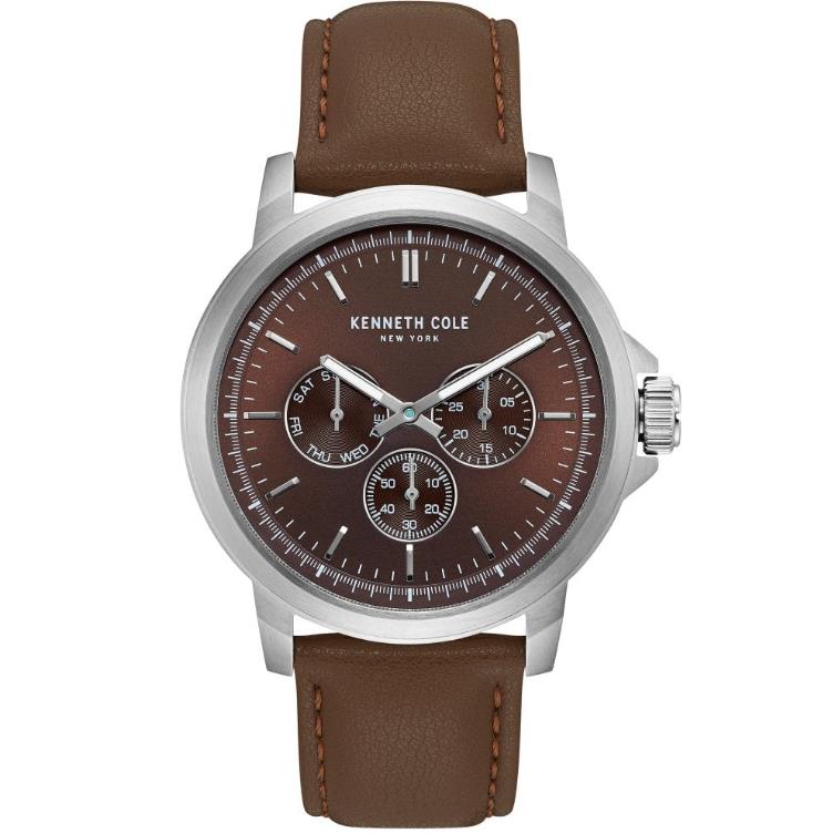 Kenneth Cole NY Multifunction Brown Leather Men s Watch KC50689004 - Brown Dial, Brown Band, Silver Bezel