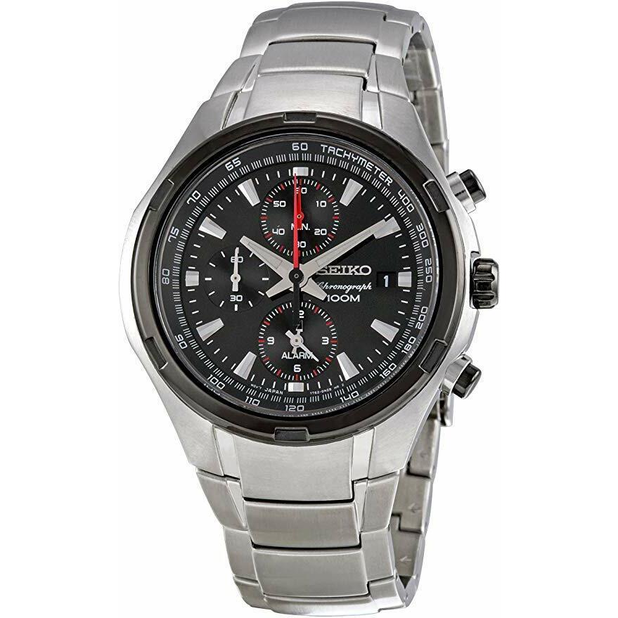 Seiko SNAE43 Chronograph Stainless Steel Man`s Watch Blak Ion Bezel and Dial - Black Face, Black Dial, Silver Strap