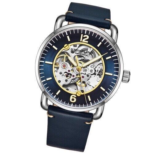 Stuhrling 3972 1 Mantra Automatic Blue Leather Skeleton Dress Mens Watch