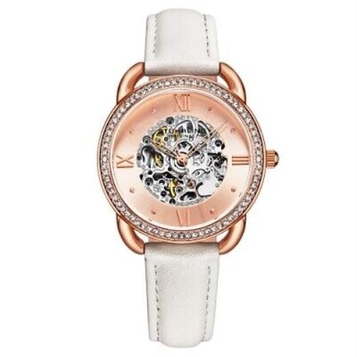 Stuhrling 3991 4 Automatic Skeleton Crystal Accented White Leather Womens Watch