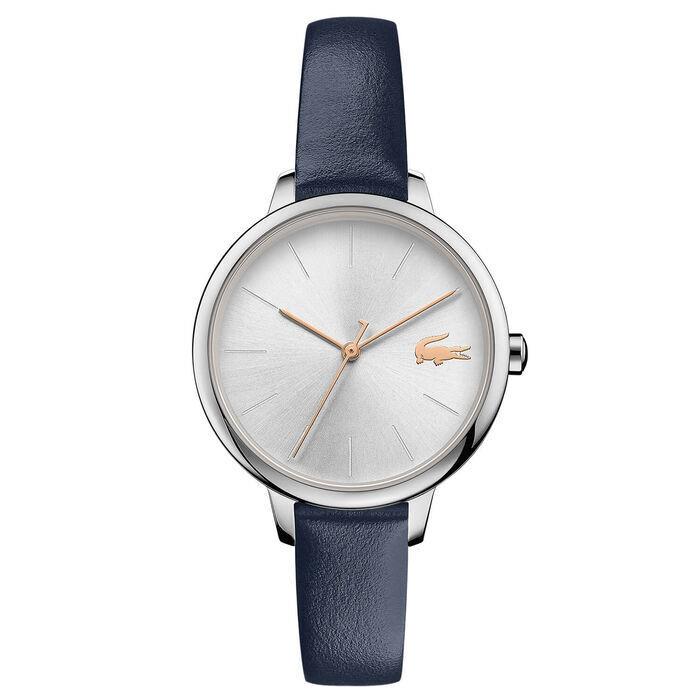 Lacoste Cannes Ladies Silver Dial Deep Blue Leather Strap 34mm Watch 2001100