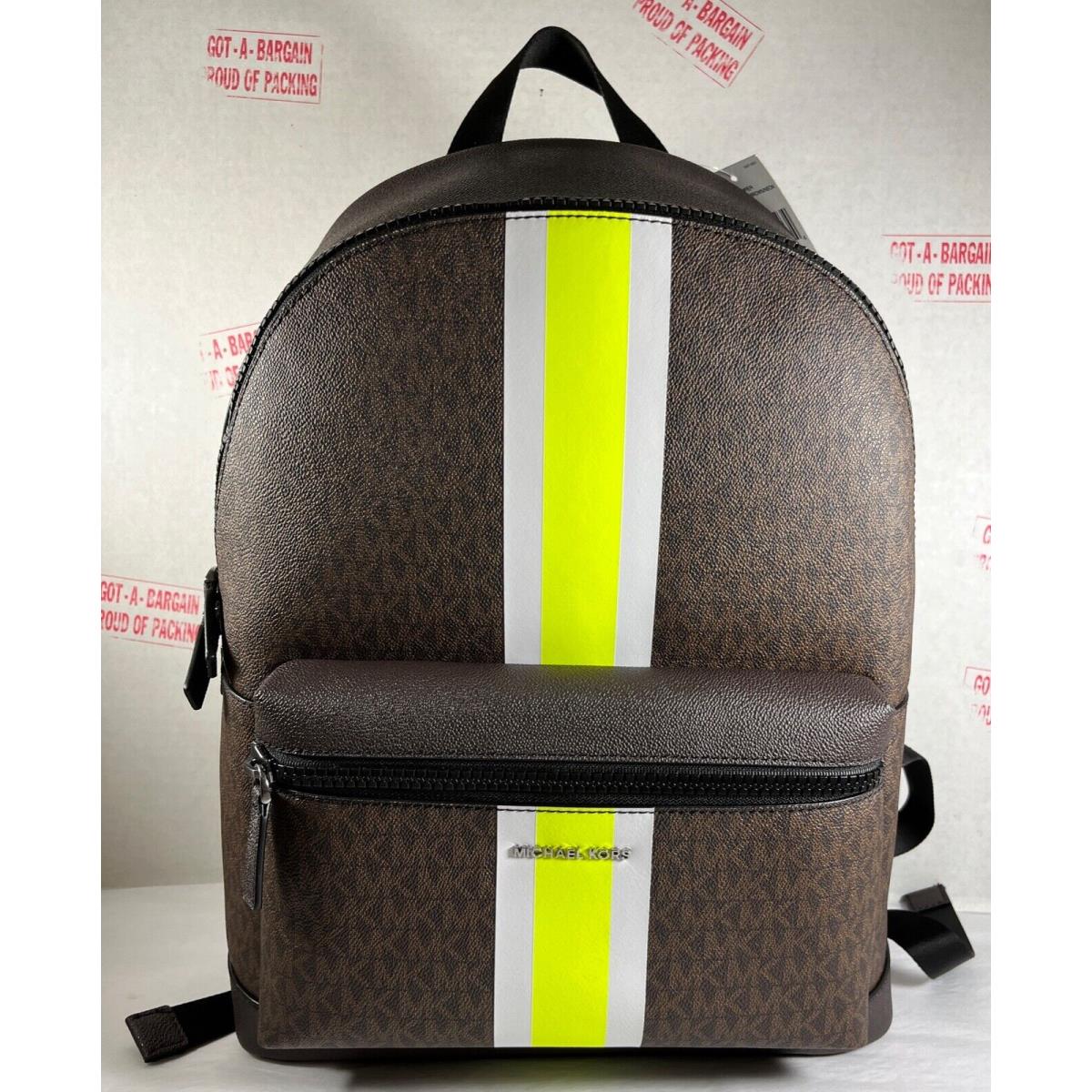 Michael Kors Cooper Mens MK Brown Signature Stripe Neon Backpack Travel Bag