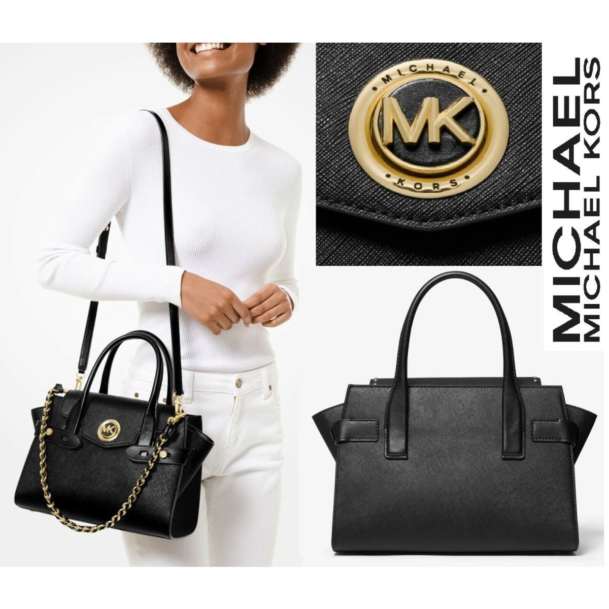 Michael Kors Carmen Small Flap Belted Satchel In Black Saffiano Leather ...