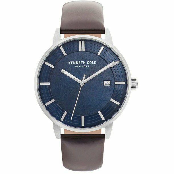 Kenneth New York Cole York Classic Blue Dial Leather Strap Men`s Watch KC50561002 - Blue Dial, Brown Band, Silver Bezel