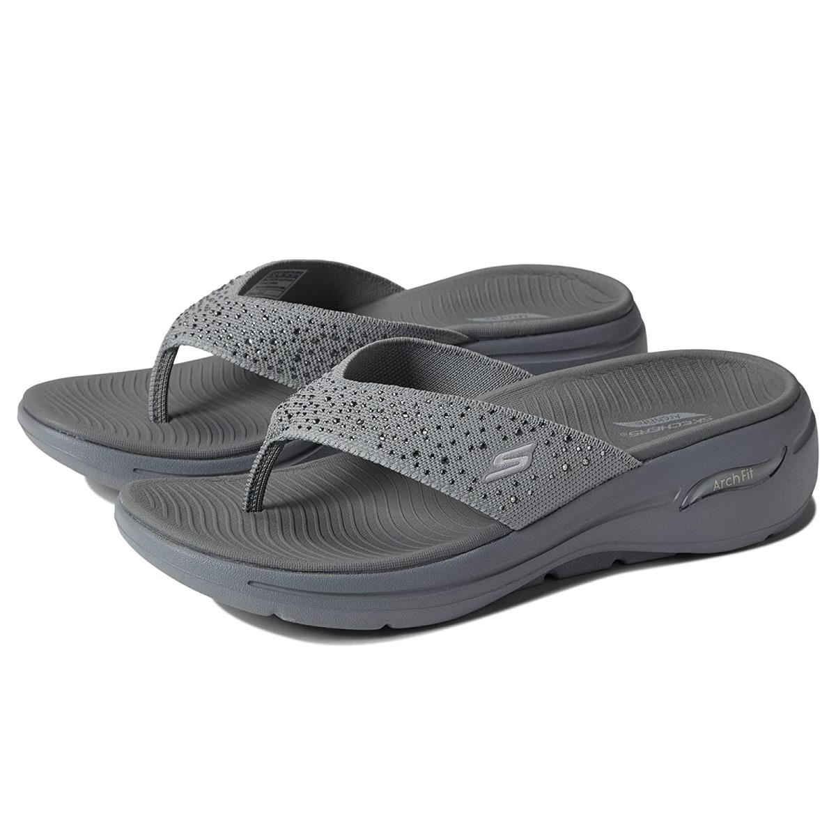Woman`s Shoes Skechers Performance Go Walk Arch Fit Knit Sandal with Rhinestones Gray