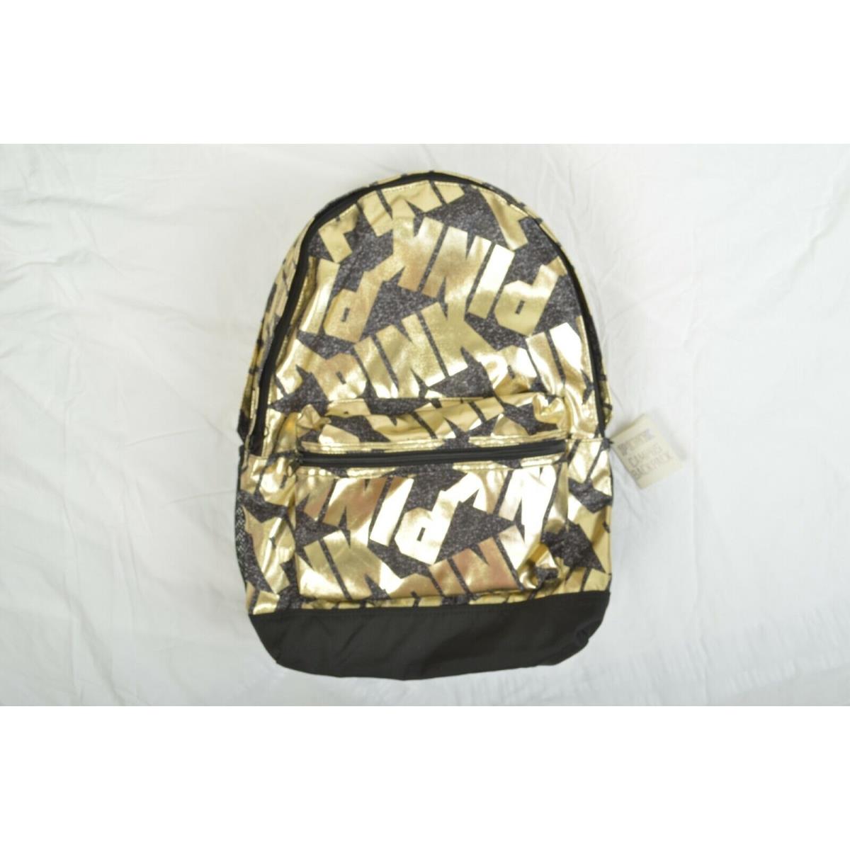 Victoria`s Secret Pink Campus Backpack College Bag Pure Black/gold Foil Print