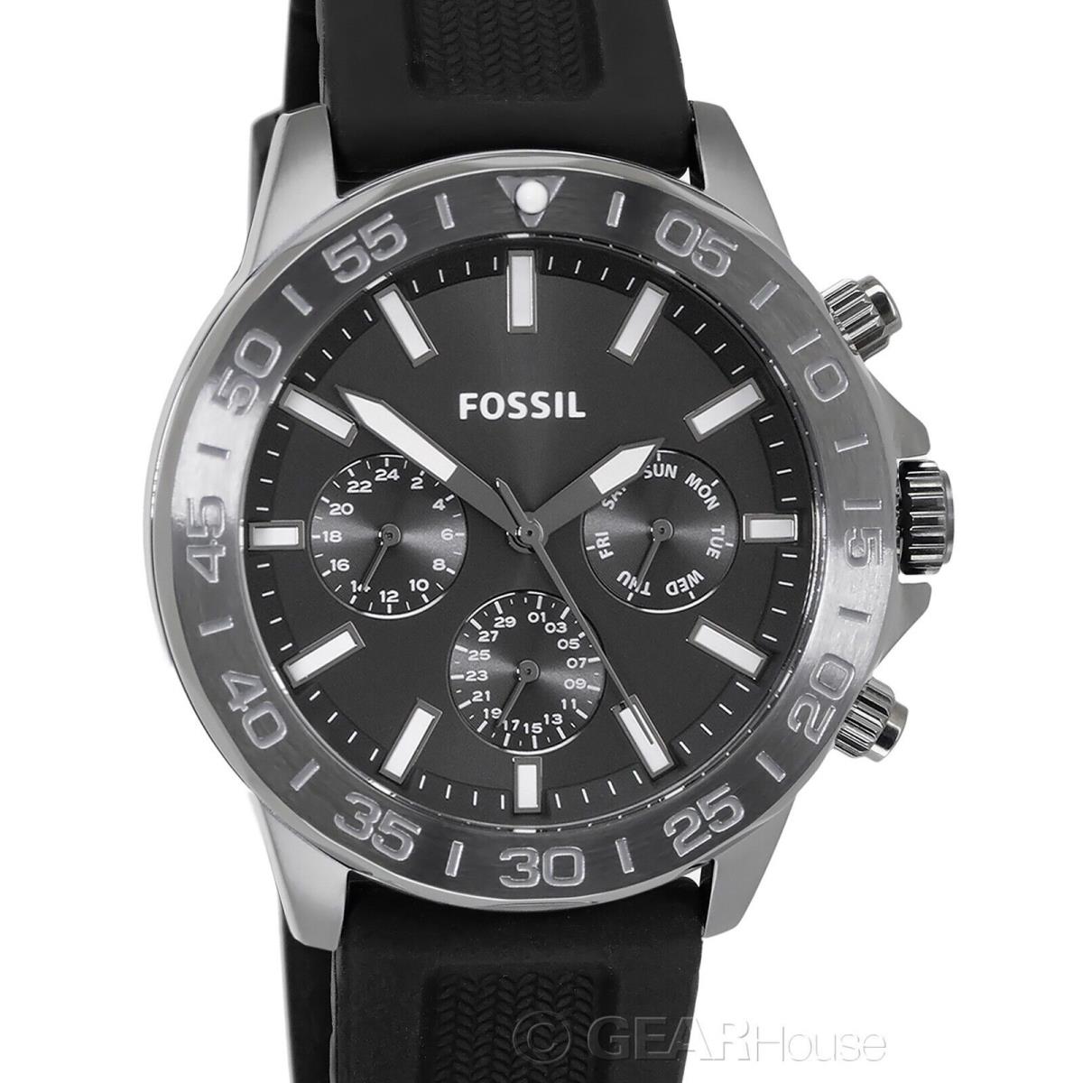 Fossil Bannon Mens Dark Gray Multifunction Watch Day Date Black Silicone Band