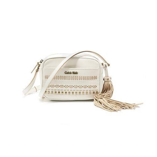 Calvin Klein White Embellished Saren Pebble Leather Crossbody Bag