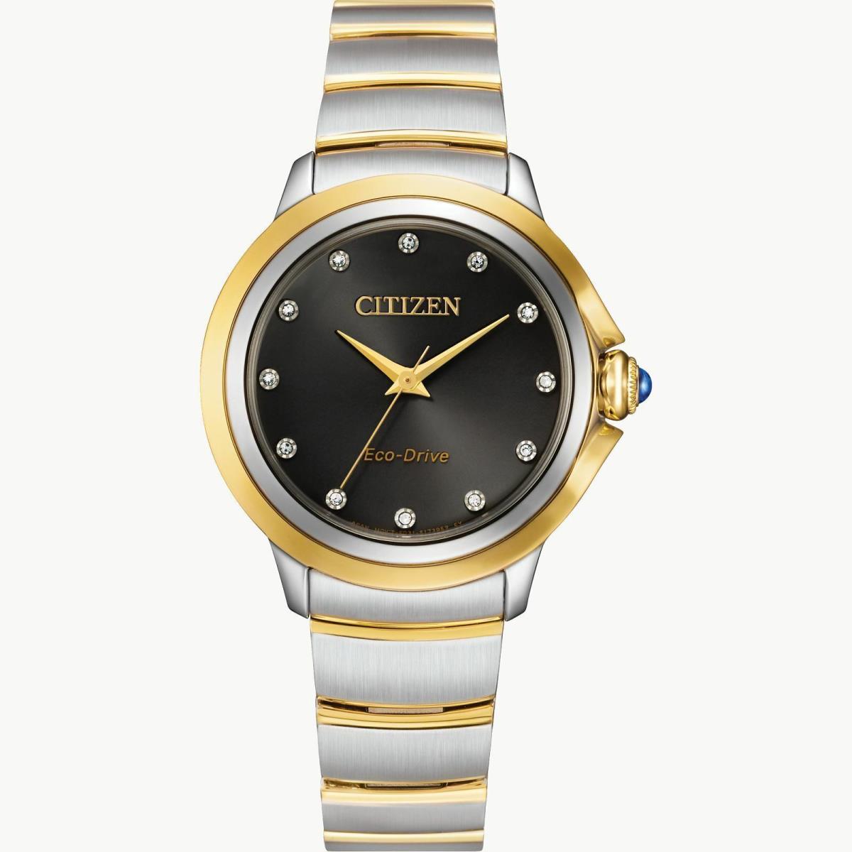 Citizen Ceci EM0954-50E Eco-drive Diamond Accent Two-tone Women`s Watch - Dial: Black, Band: Gold, Bezel: Silver Tone