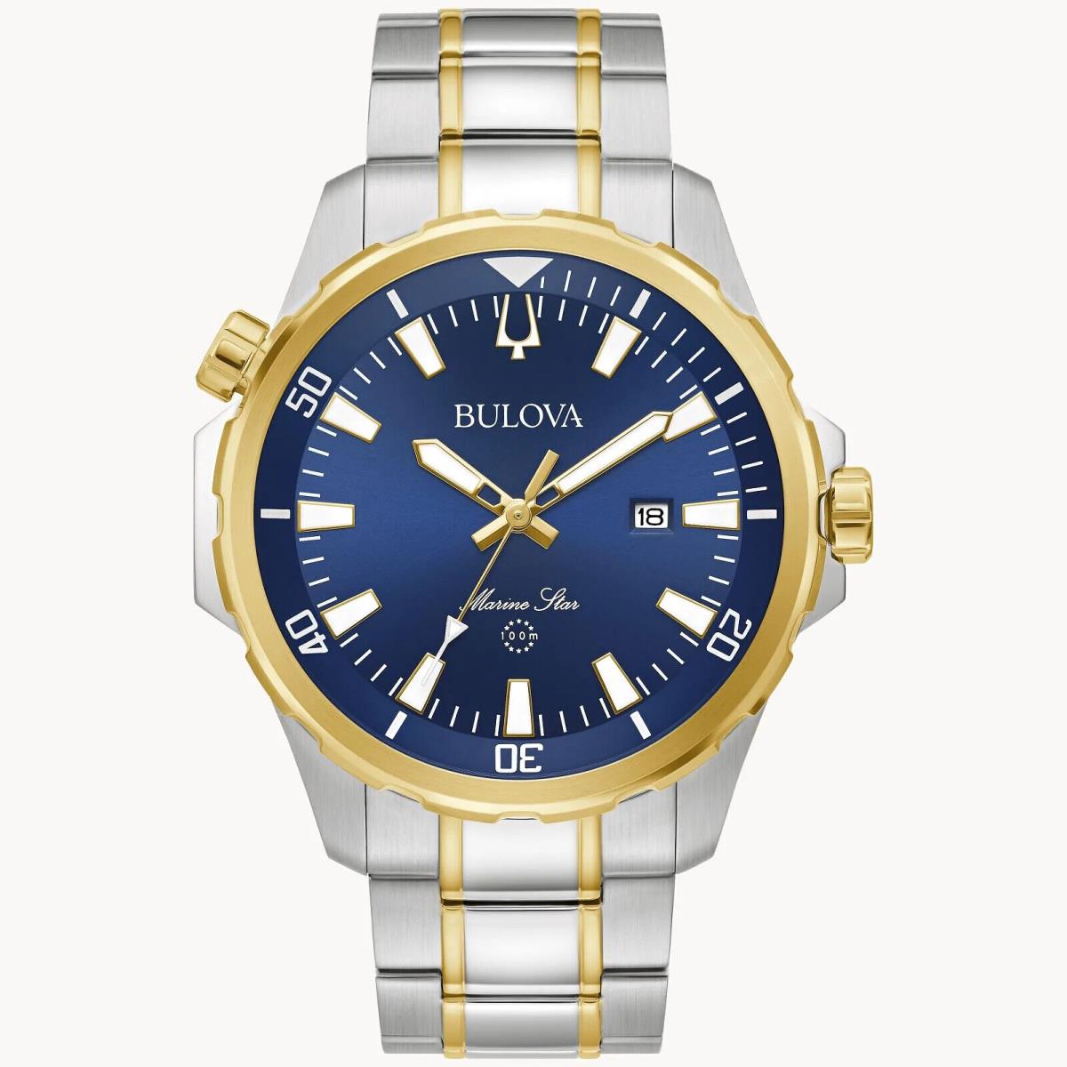 Men`s Bulova Marine Star Sport Blue Dial Watch 98B384 - Dial: Blue, Band: Silver, Bezel: Gold