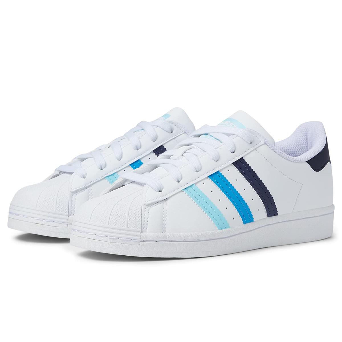 Boy`s Sneakers Athletic Shoes Adidas Originals Kids Superstar Big Kid White/Bliss Blue/Pulse Blue