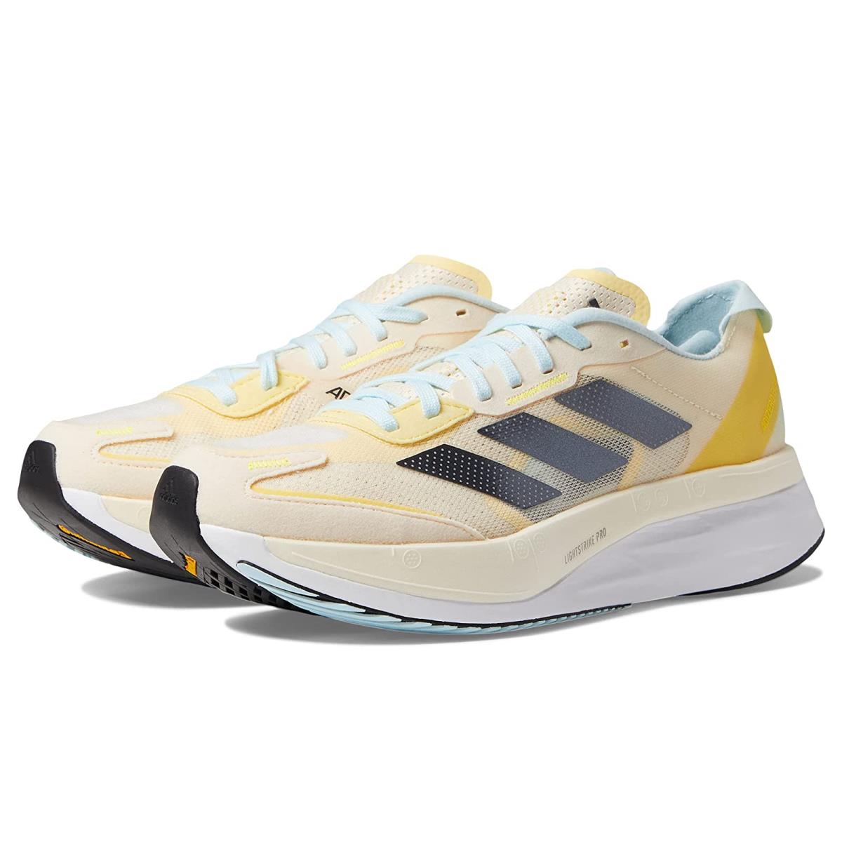 Woman`s Sneakers Athletic Shoes Adidas Running Adizero Boston 11 Ecru Tint/Night Metallic/Beam Yellow