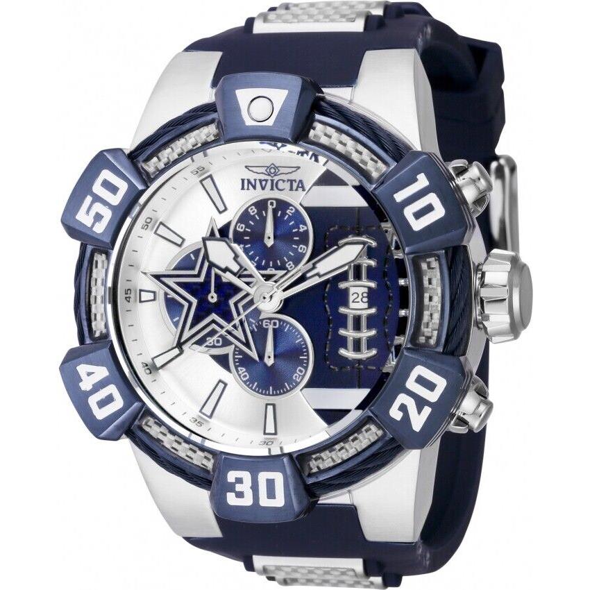 Invicta 52mm Nfl Dallas Cowboys Silver Blue Dial Blue White Silicone Band Watch - Blue Dial, Blue Band, Blue Bezel