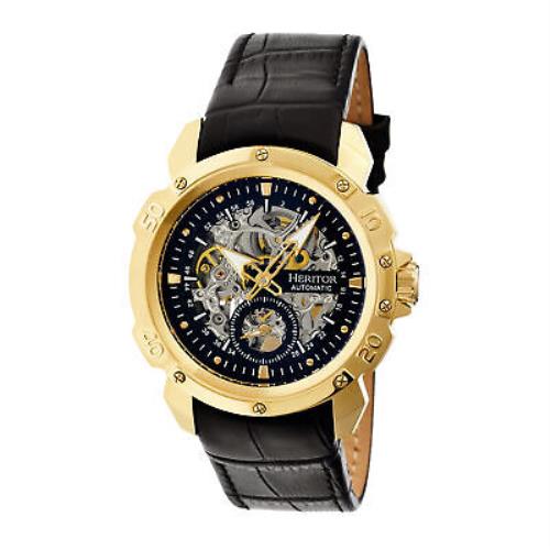 Heritor Automatic Conrad Skeleton Leather-band Watch - Gold/black - Dial: Black, Band: Black, Bezel: Gold
