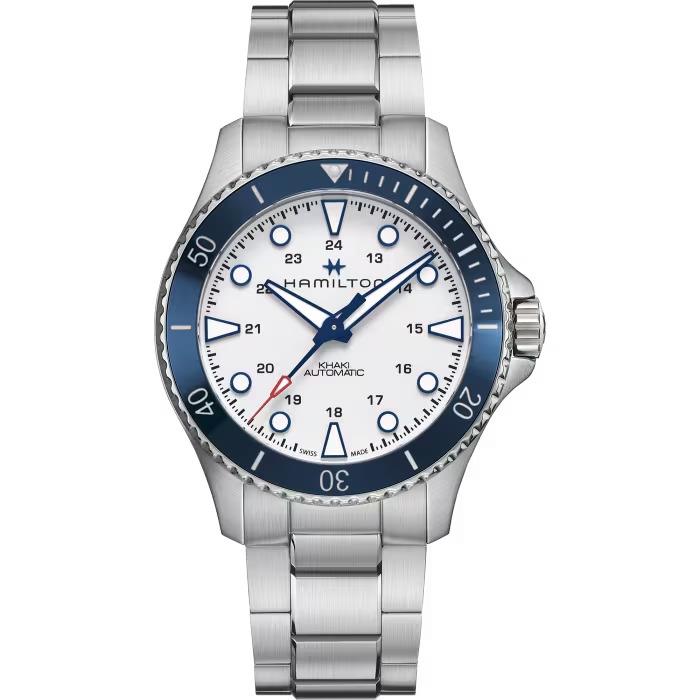 Hamilton Khaki Navy Scuba Auto White Dial Men`s Watch - H82505150 - Dial: White, Band: Silver, Bezel: Blue