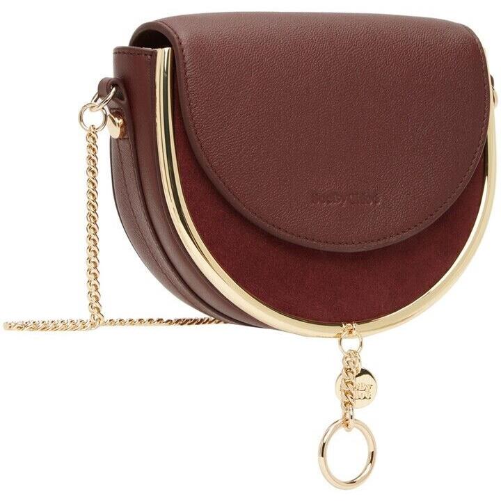 Chloé See by Chlo L41414 Burgundy Mara Leather Saddle Bag Size 6.5x6x3 - Handle/Strap: Red, Exterior: Burgundy, Lining: Beige