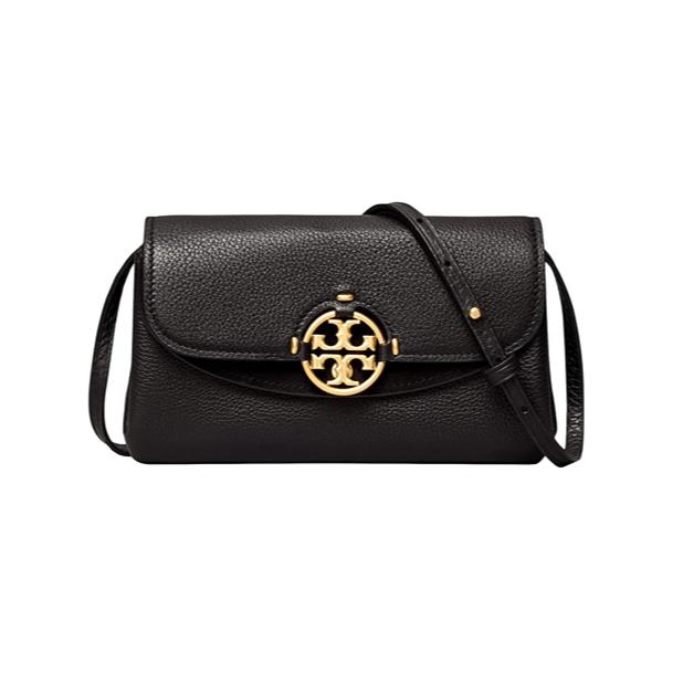 Tory Burch Miller Logo Pebbled Leather Wallet Crossbody Bag In Black