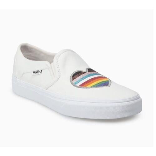Vans Asher Shoes Women s Size 7.5 White Slip-on Glitter Heart Rainbow