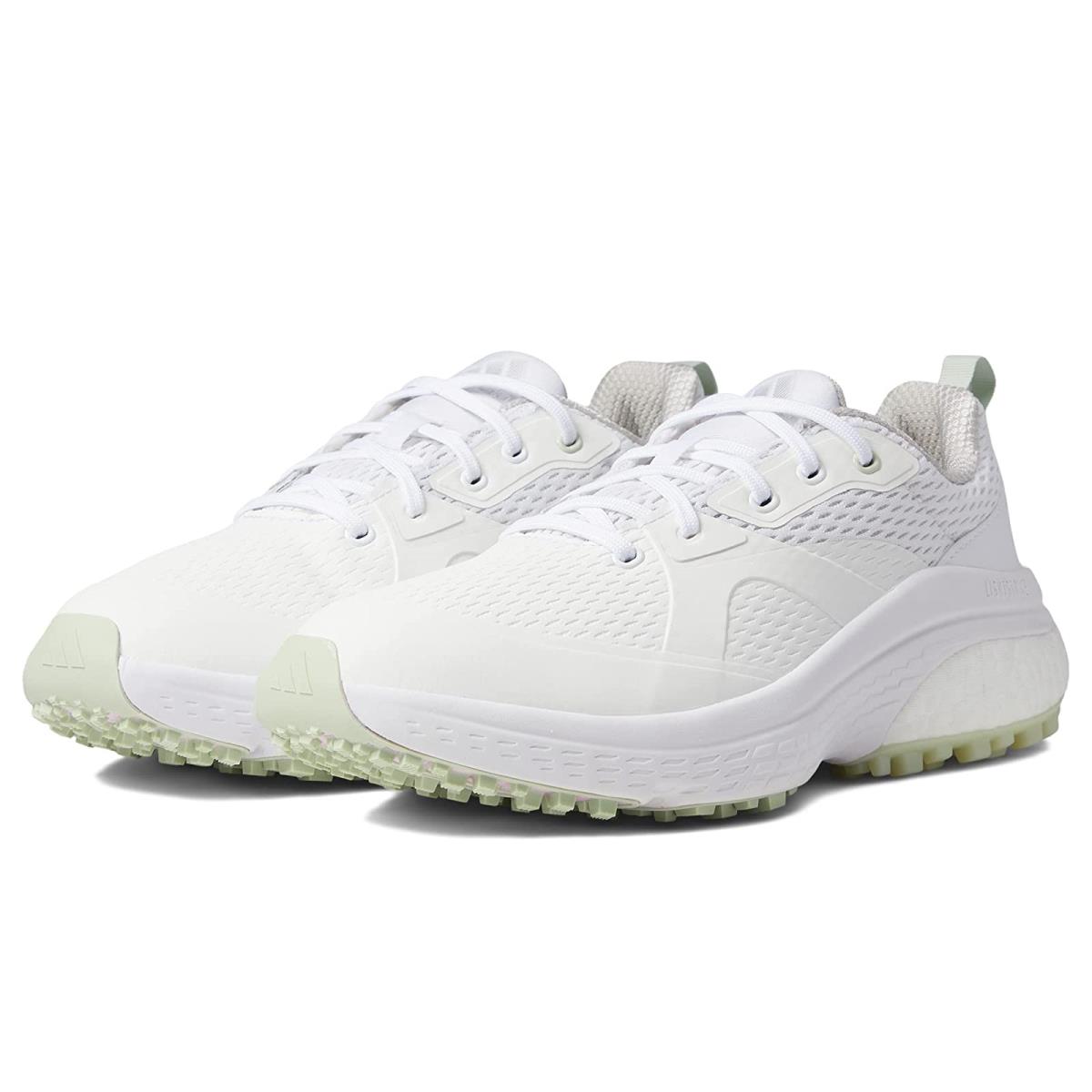 Woman`s Shoes Adidas Golf Solarmotion Spikeless Golf Shoe Footwear White/Silver Metallic/Linen Green