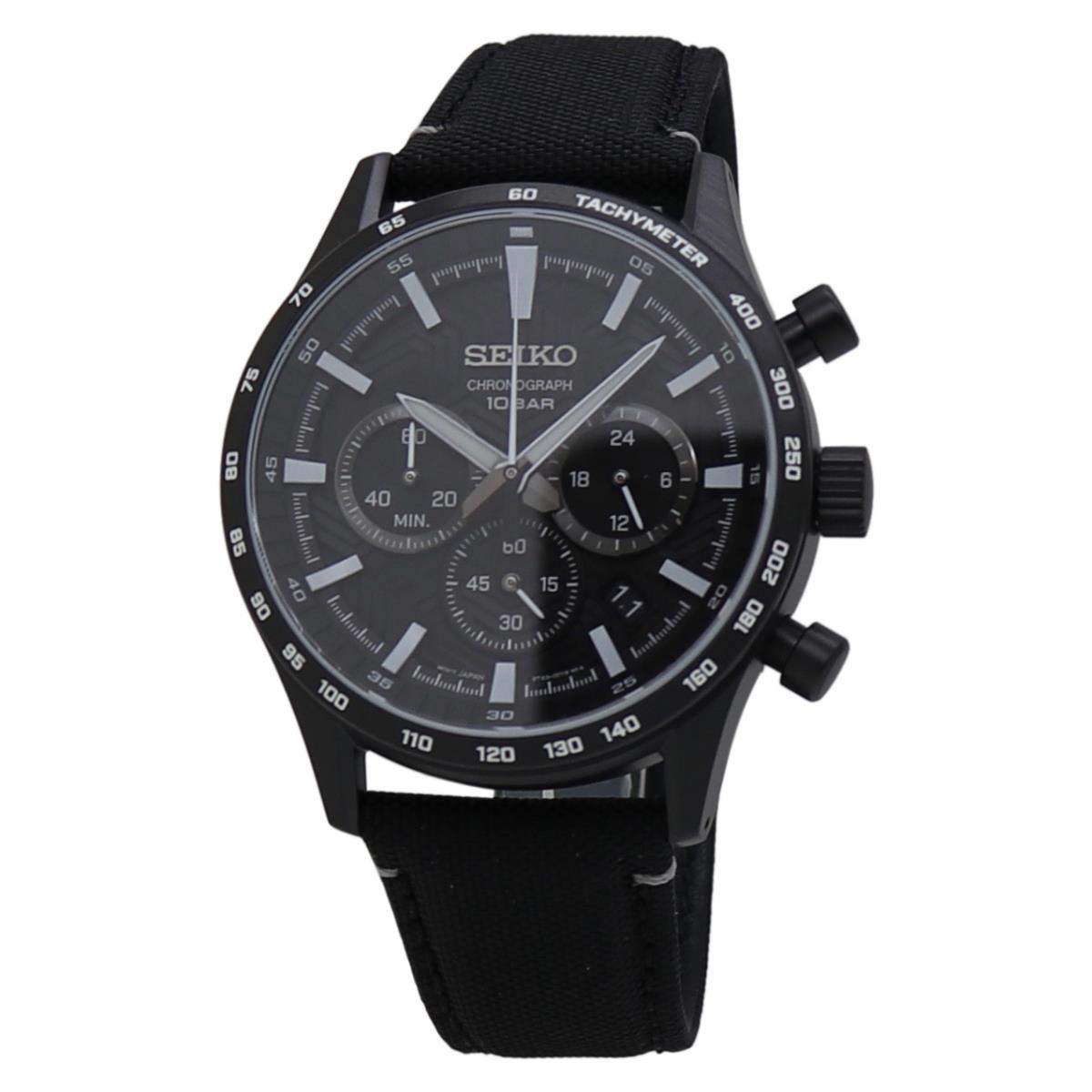 Seiko Essentials Chronograph Tachymeter Nylon Strap Men`s Sport Watch SSB417 - Dial: Black, Band: Black, Bezel: Black