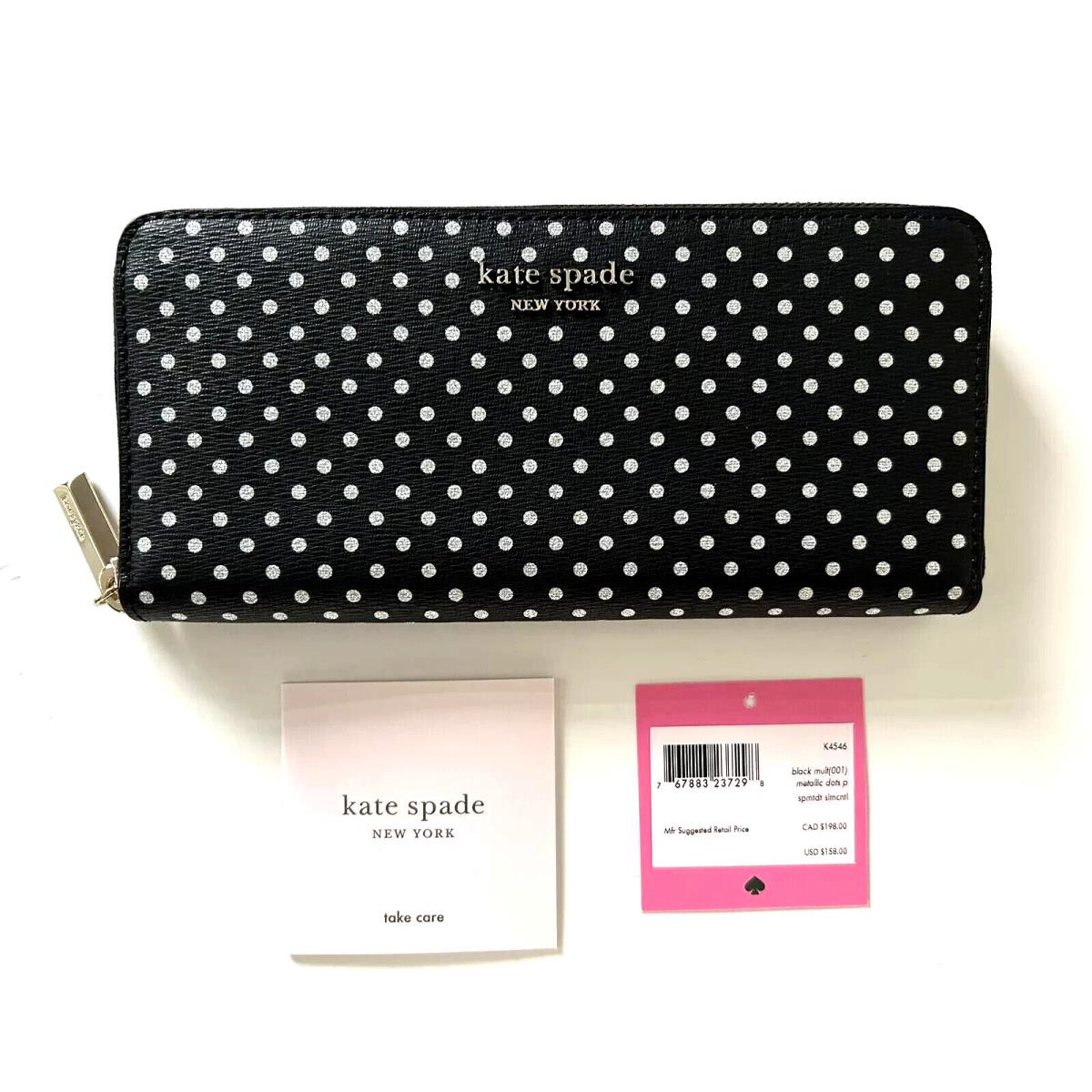 Kate Spade Spencer Metallic Dot Slim Continental Zip Around Wallet Black