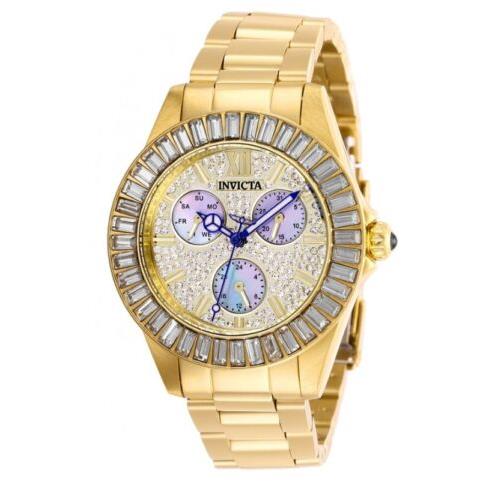 Invicta Angel Women`s 38mm Pave Crystal Dial Gold Multi-function Watch 28449 - Dial: Gold, Band: Gold, Bezel: Gold