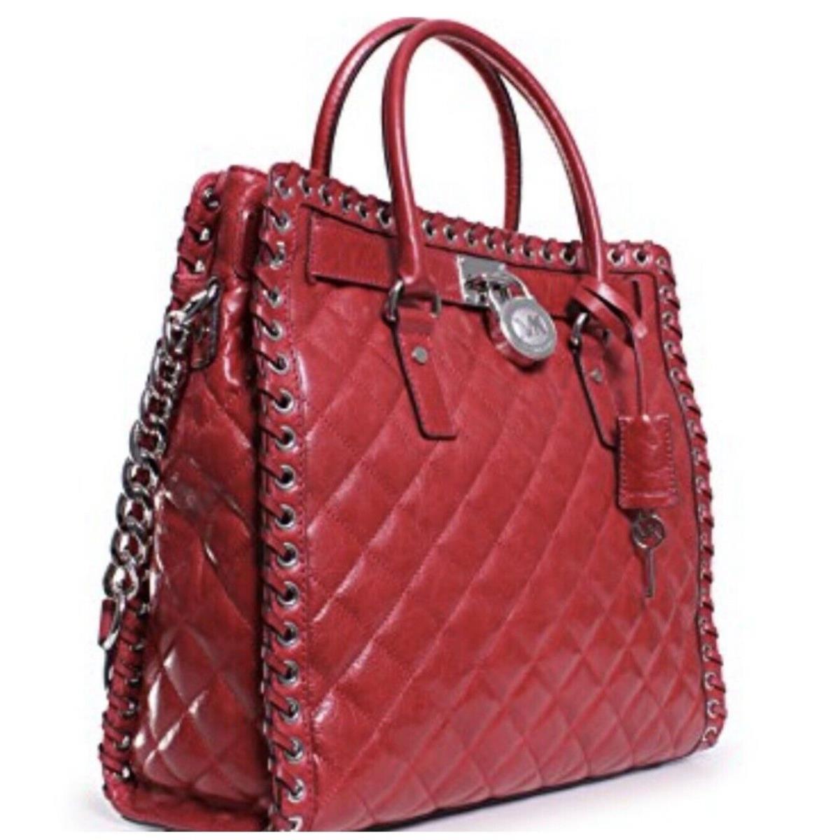 Michael Kors Hamilton Hippie Grommet North South Quilted Tote Red Silver Large