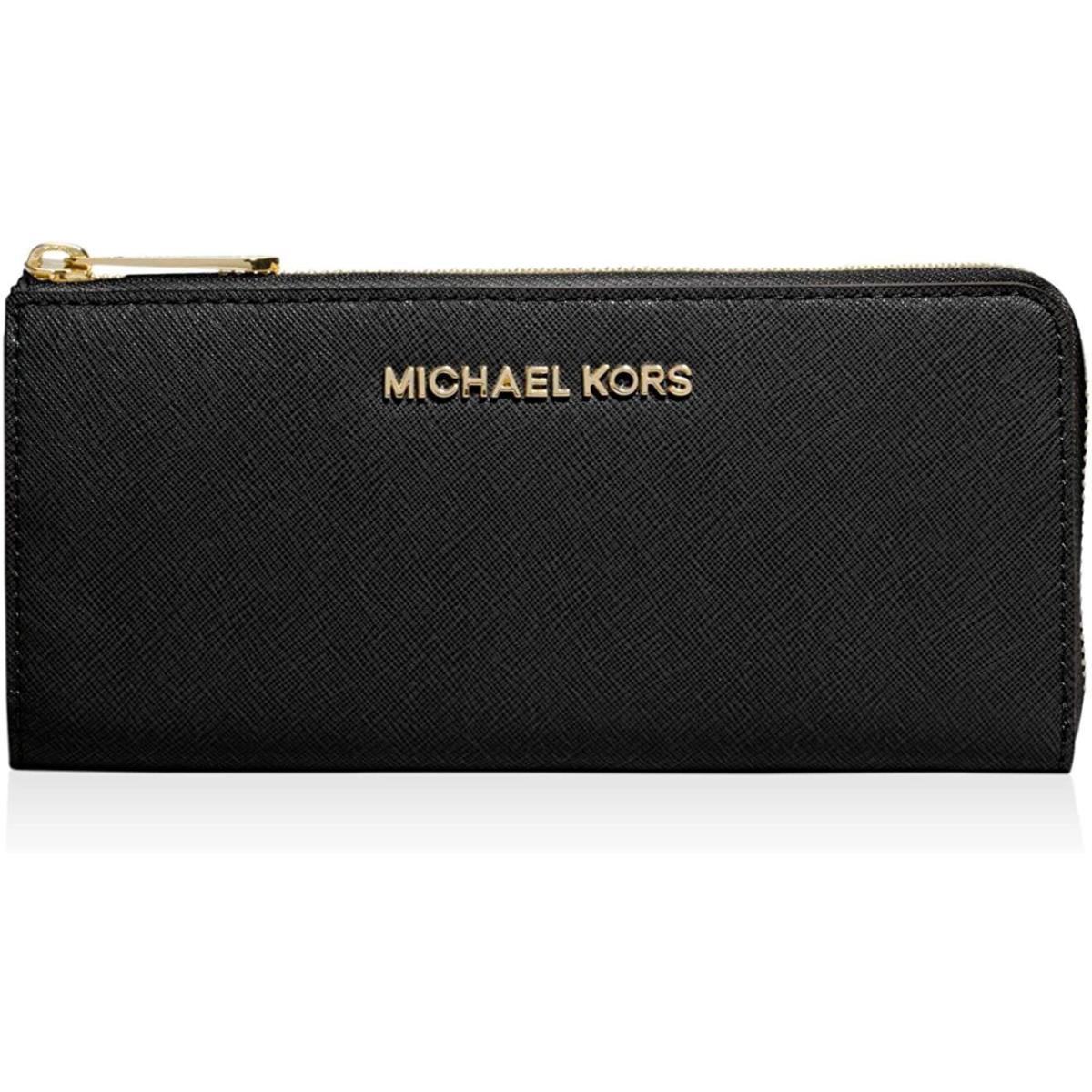 Michael Kors Jet Set Large Saffiano Leather Quarter Zip Black Wallet