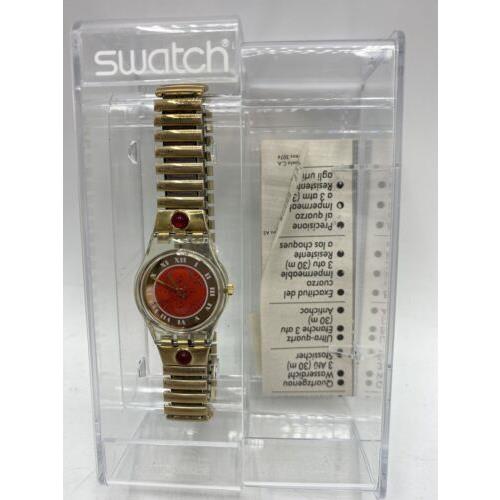 Swatch Watch Tourmaline Jewelled Stretch Band in Box Red Stone Gold Col