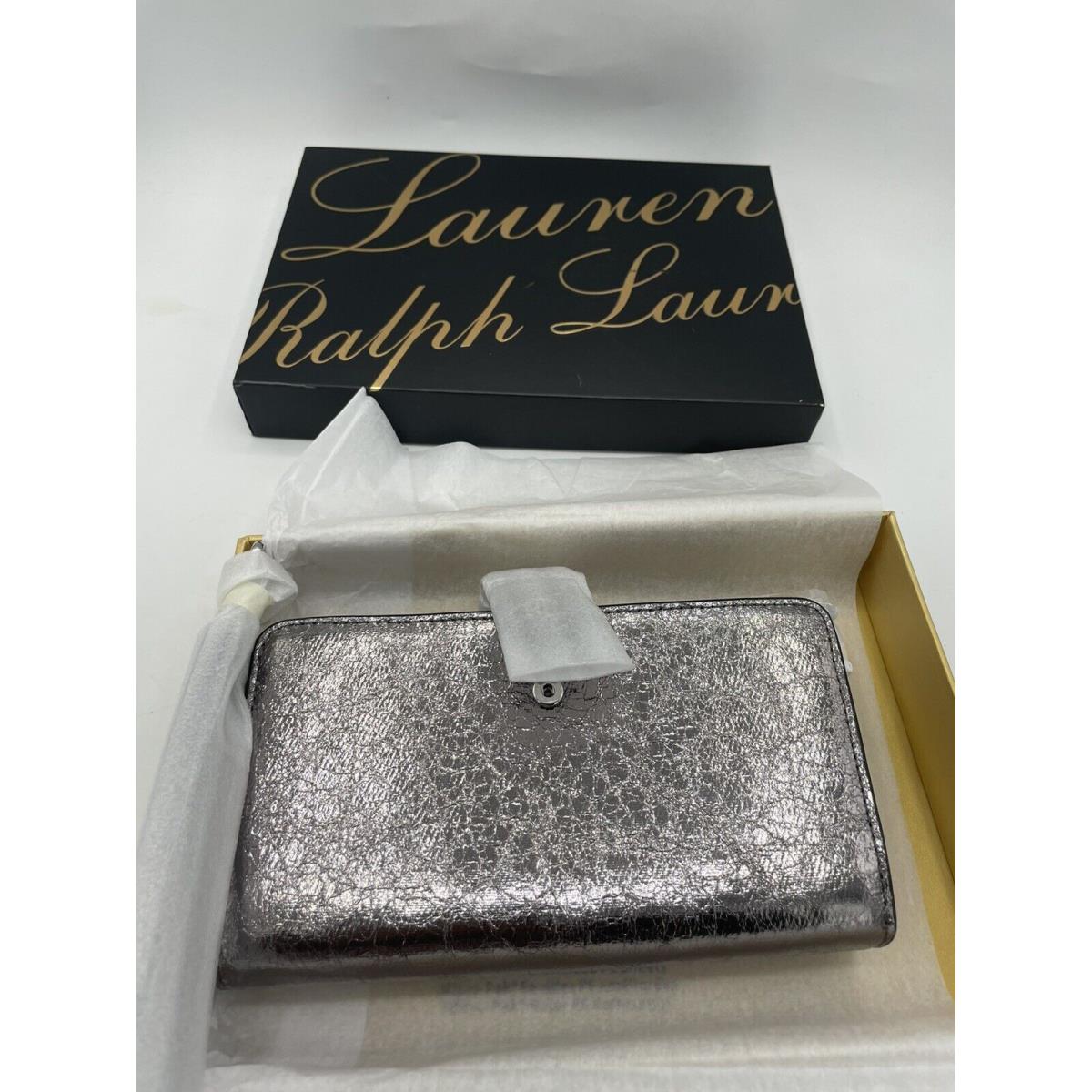 Lauren Ralph Lauren Crinkled Metallic Silver Phone Wallet/wristlet In Gift Box