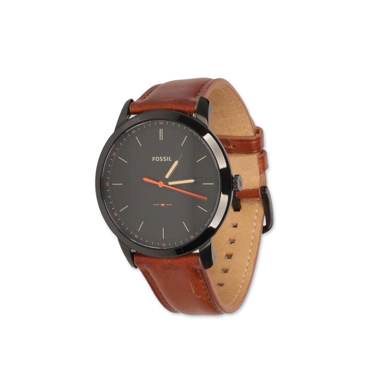 Fossil 302449 Men Minimalist Quartz Stainless Steel and Leather Three-hand Watch - Black, Brown, Dial: Black, Band: Brown