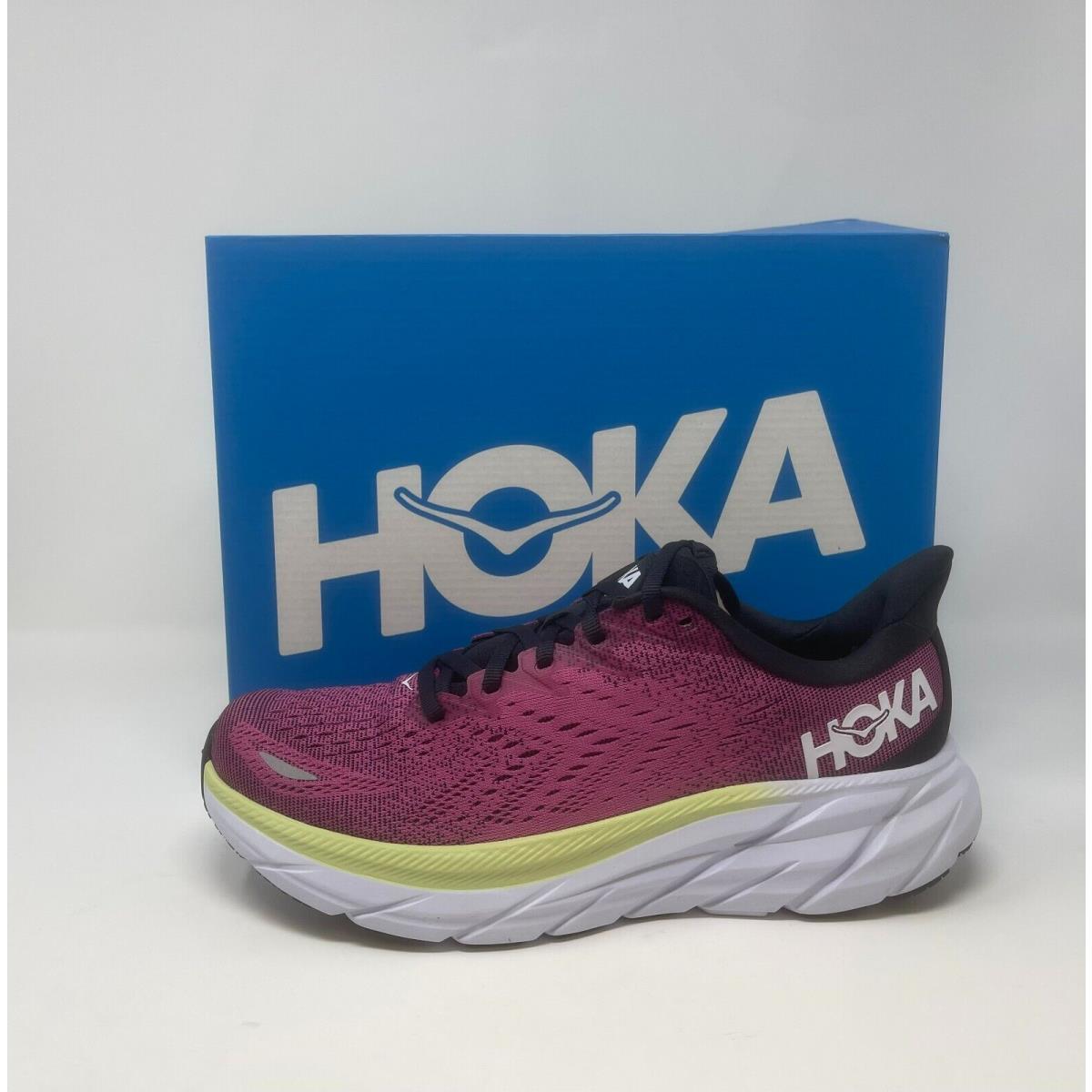 Hoka Women`s Clifton 8 Running Shoes In Blue Graphite/ibis Rose Regular Width