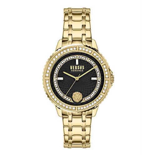 Versus Versace Womens Black 38 mm Montorgueil Crystal Watch VSPLM3121 - Black Dial, Gold Band, Black Bezel