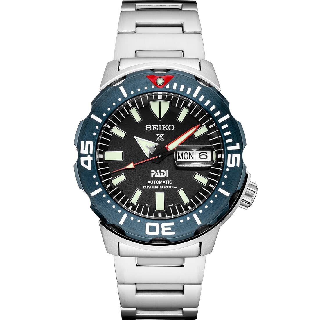 Seiko Prospex Padi Men`s Silver 42.4mm Steel Diver`s Automatic Watch SPRE27 - Black, Dial: Black, Band: Silver