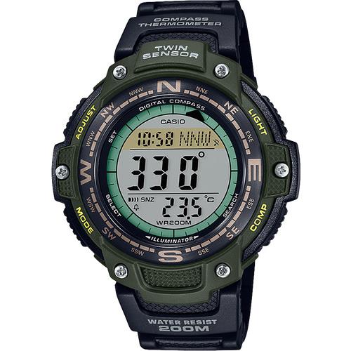 Casio SGW100-3AV Twin Sensor Watch Compass Thermometer 200 Meter WR 5 Alarms - Band: Black, Bezel: Green