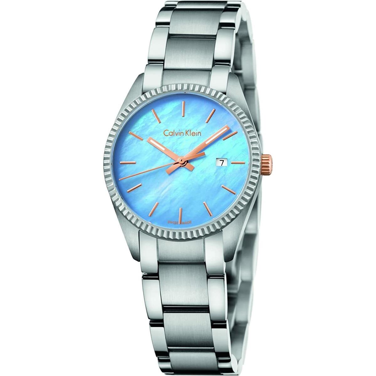 Calvin Klein K5R33B4X Alliance Silver Tone Blue Mop Dial Womens Swiss Made Watch