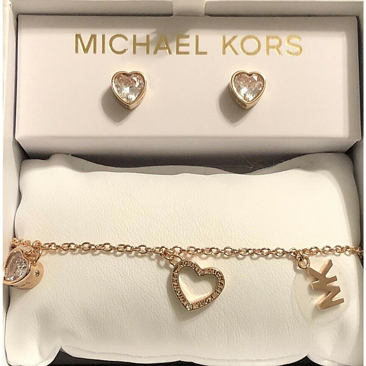 Michael Kors Rose Gold-tone Crystal Logo Bracelet MK Earring Set