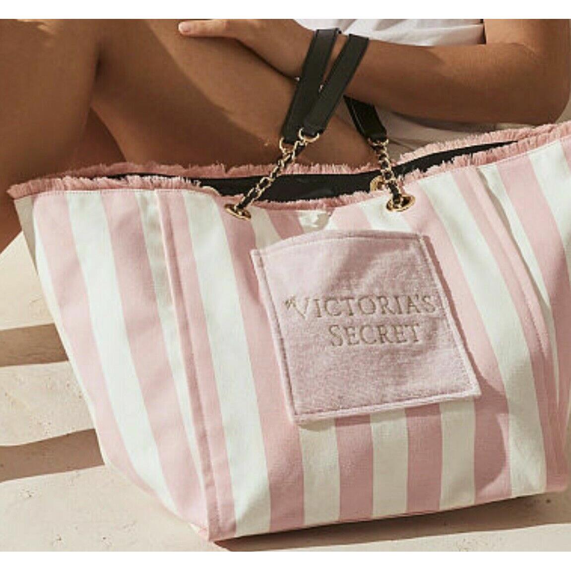 Victoria`s Secret Signature Pink White Striped Beach Tote Bag June 2020