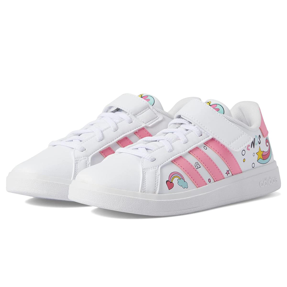 Girl`s Shoes Adidas Kids Grand Court Minnie Elastic Little Kid/big Kid White/Bliss Pink/Grey Two