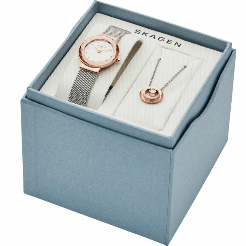 Skagen Lenora Ladies Box Set Rose Gold Tone Silver Stainless 25mm Watch SKW1112