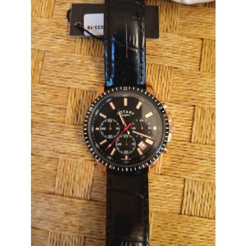 Rotary Men`s Black Dial Black Leather Strap Chronograph Watch