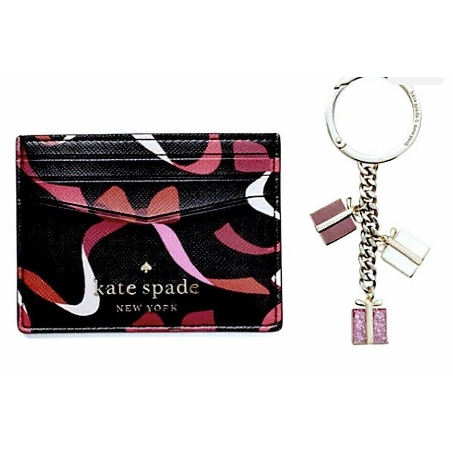 Kate Spade Staci Ribbon Printed Card Holder Key Chain Set Gift Box